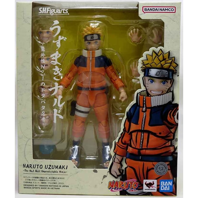 TAMASHII NATIONS Naruto Uzumaki S.H.Figuarts action figure, a detailed model figure with dynamic posability and youthful sculpting. The figure stands approximately 5.3 inches tall and includes four optional expression parts, multiple hands, a kunai blade, and a spiraling sphere. Packaged in a branded box with Bandai Namco label ensuring safety compliance.