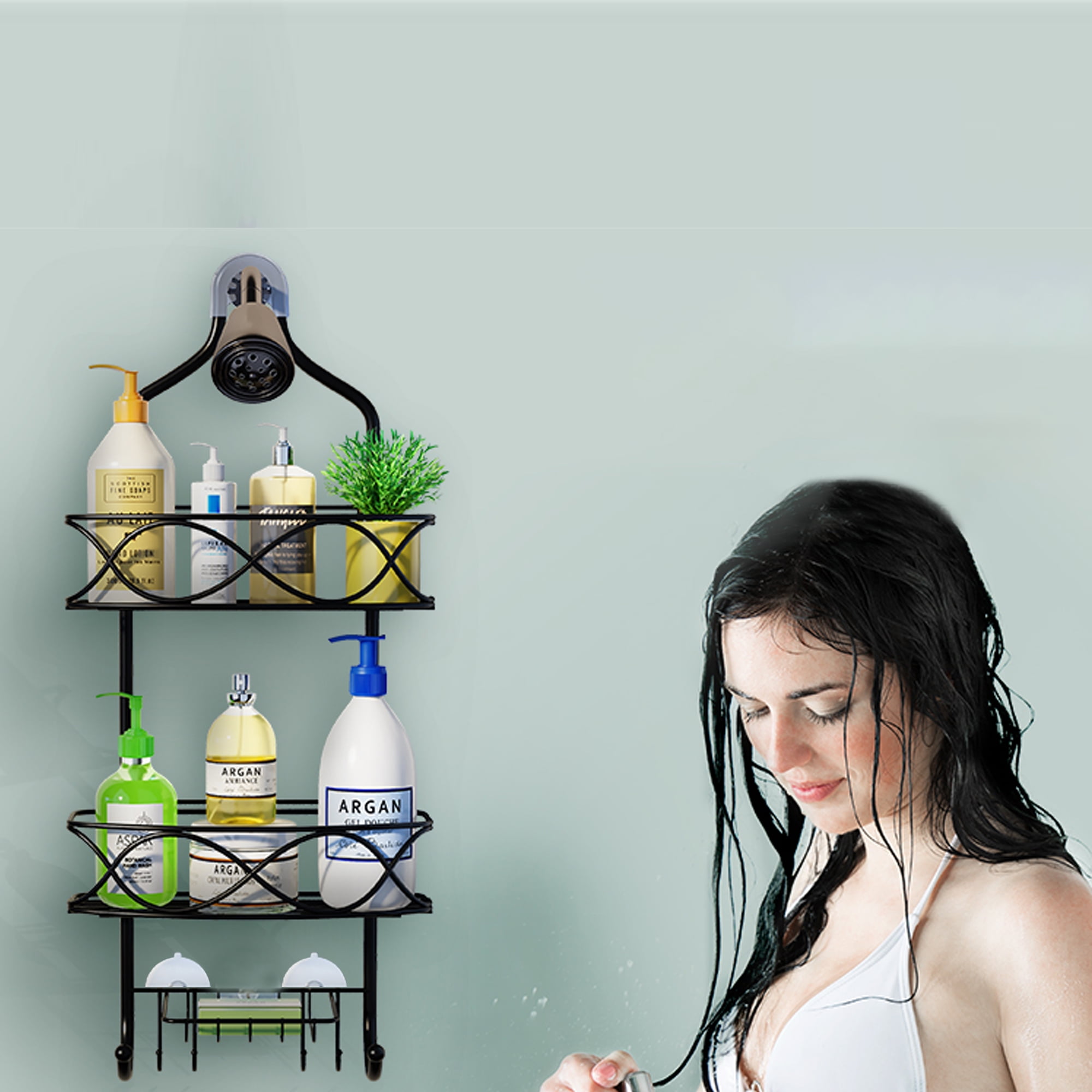 Junjian Hanging Shower Caddy, Simple Design Anti-Swing Shower Organizer, Stainless Steel Shower Shelves, over the Shower Head Bathroom Storage (Matte Black)