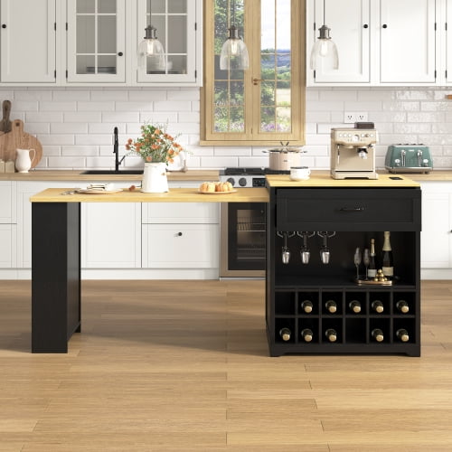 U_Style-CA Extendable Kitchen Island with Wheels,Dining Table with Built-in Power Outlet,Farmhouse Bar Table with Double-Sided Drawers,Suitable for Kitchen & Home Bar