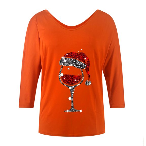 2025 Clearance! 50% Off Clear! asdoklhq Long Sleeve T-Shirts for Women,2020 Autumn and Winter New Long-Sleeved Christmas Wine Glass V-neck T-Shirt