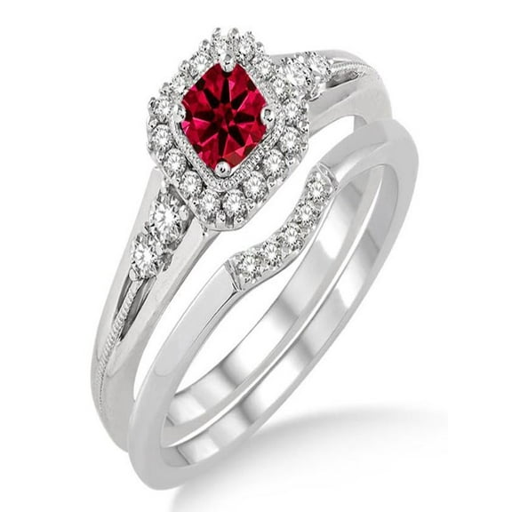1.5 Carat Ruby & Diamond Bridal Set Halo Engagement Ring Bridal Set on 10k White Gold