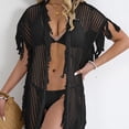 thumbnail image 5 of Tqyyweavej Women's Crochet Swim Cover Up Hollow Out V Neck Free Size Beach Cover Up Solid Color Short Sleeve Swimsuit Coverup for Women with Tassels, 5 of 7