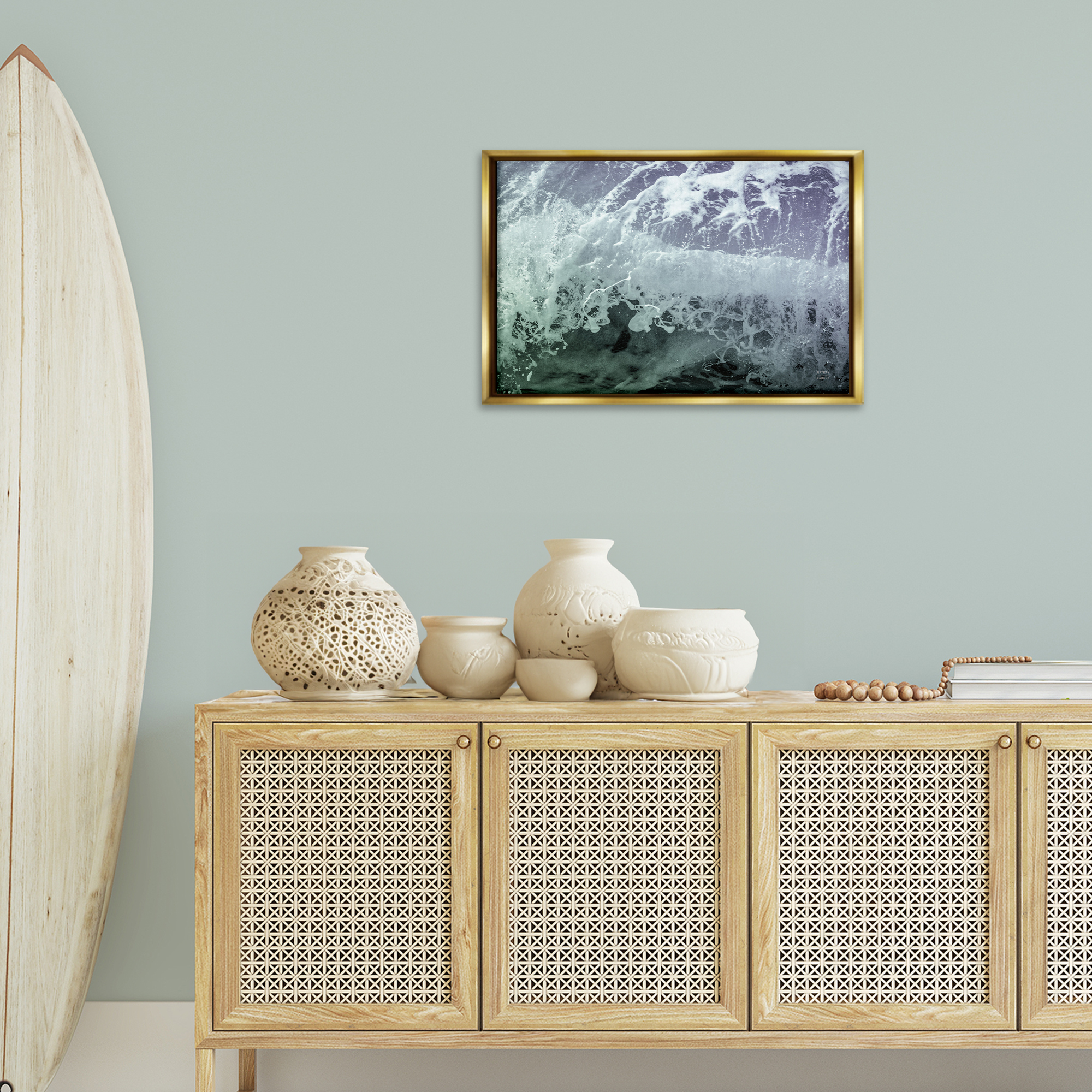 Stupell Industries Splashing Blue Waves Landscape Photography Gold Floater Framed Canvas Art Print Wall Art, 25 x 17