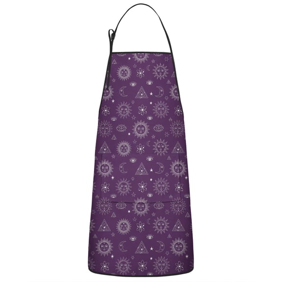 Purple Sun Moon Triangle Pattern Apron-Garden Aprons for Women with Pockets-Cotton Linen Waterproof Kitchen Cooking Gardening Aprons Adjustable for Kitchen,Cooking,BBQ and Salon 33x27 Inch