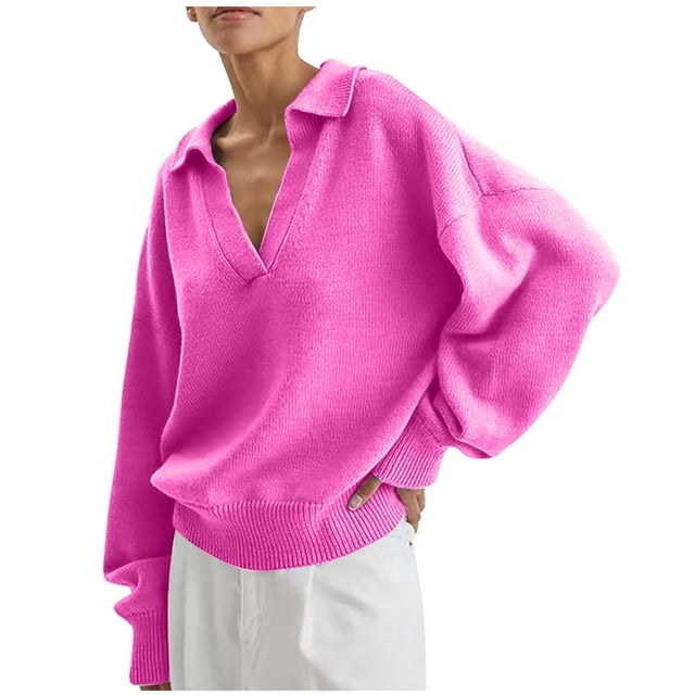 QUYUON Cardigans pour Femmes Chandails à Col Chandails Décontractés d'Hiver Manches à Revers Col en V Chandail à Manches Longues Tricot Chandail Tunique Chandails Hauts Blouse Chemises Chandails d'Automne Rose Vif TG