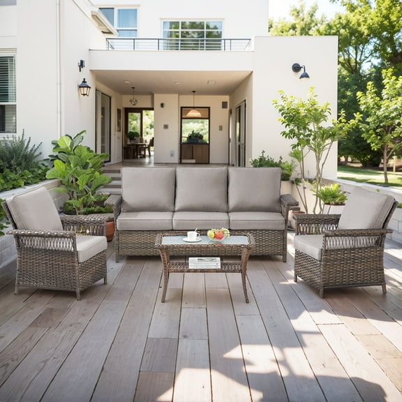POCASSY 4-Piece Patio Furniture Set with 5-Inch Wide Armrests, Wicker Chairs, Outdoor Couch, and Glass Top Coffee Table – Gray Cushion Wicker Conversation Set for Outdoor Spaces
