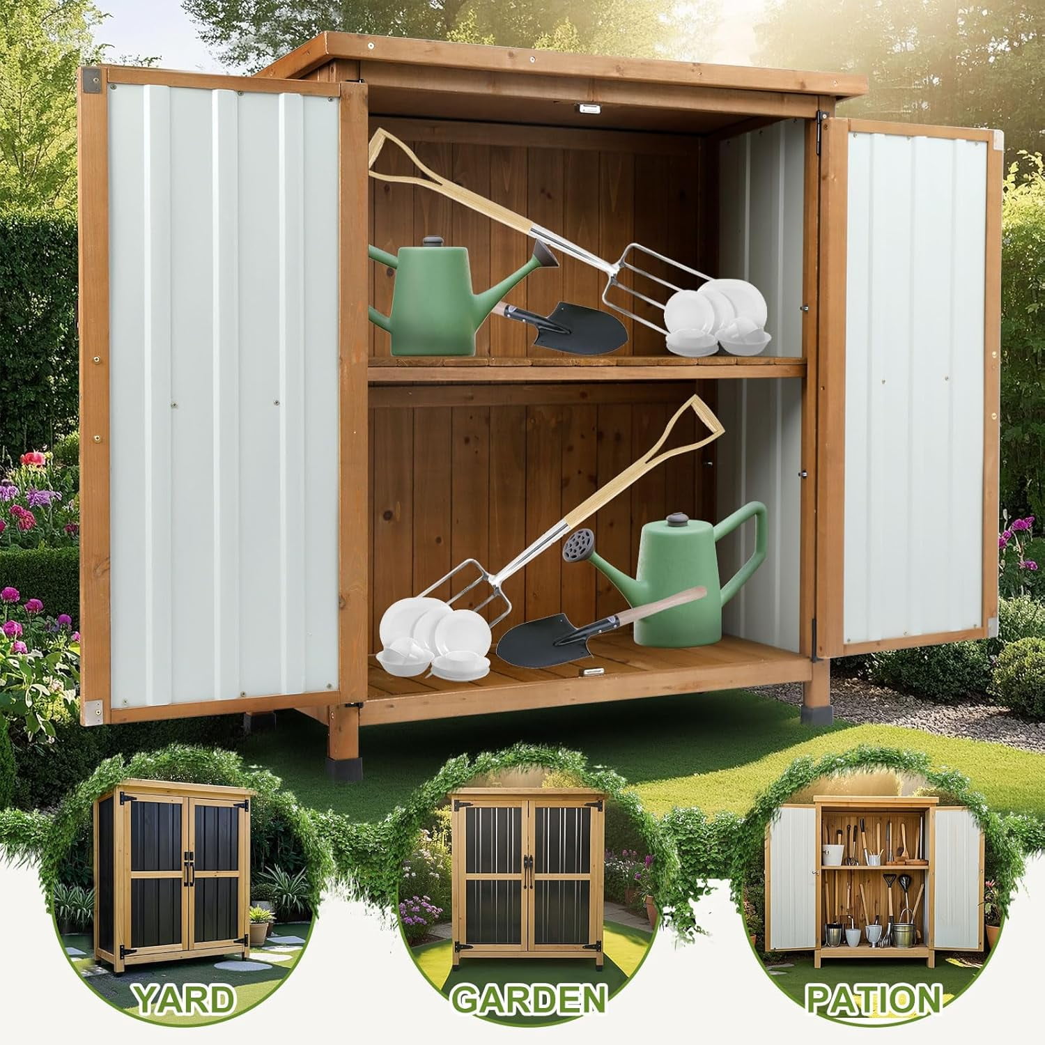 Petsblublu Small Outdoor Storage Cabinet Waterproof, Wood & Metal Garden Storage Shed, with Lockable Doors & Adjustable Shelves，Brown