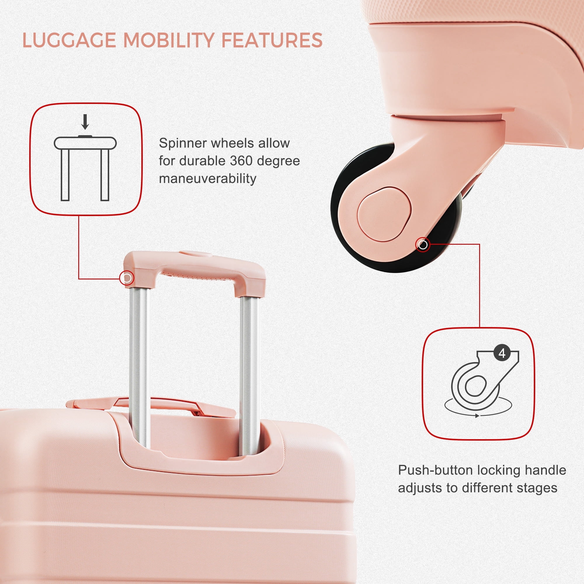 Euroco 3 Piece Luggage Sets,28" Inch Checked Suitcase with Spinner Wheels TSA Lock, ABS Lightweight Hardside Suitcase with Expandable Travel Bag & Toiletry Bag for Men Women,Pink