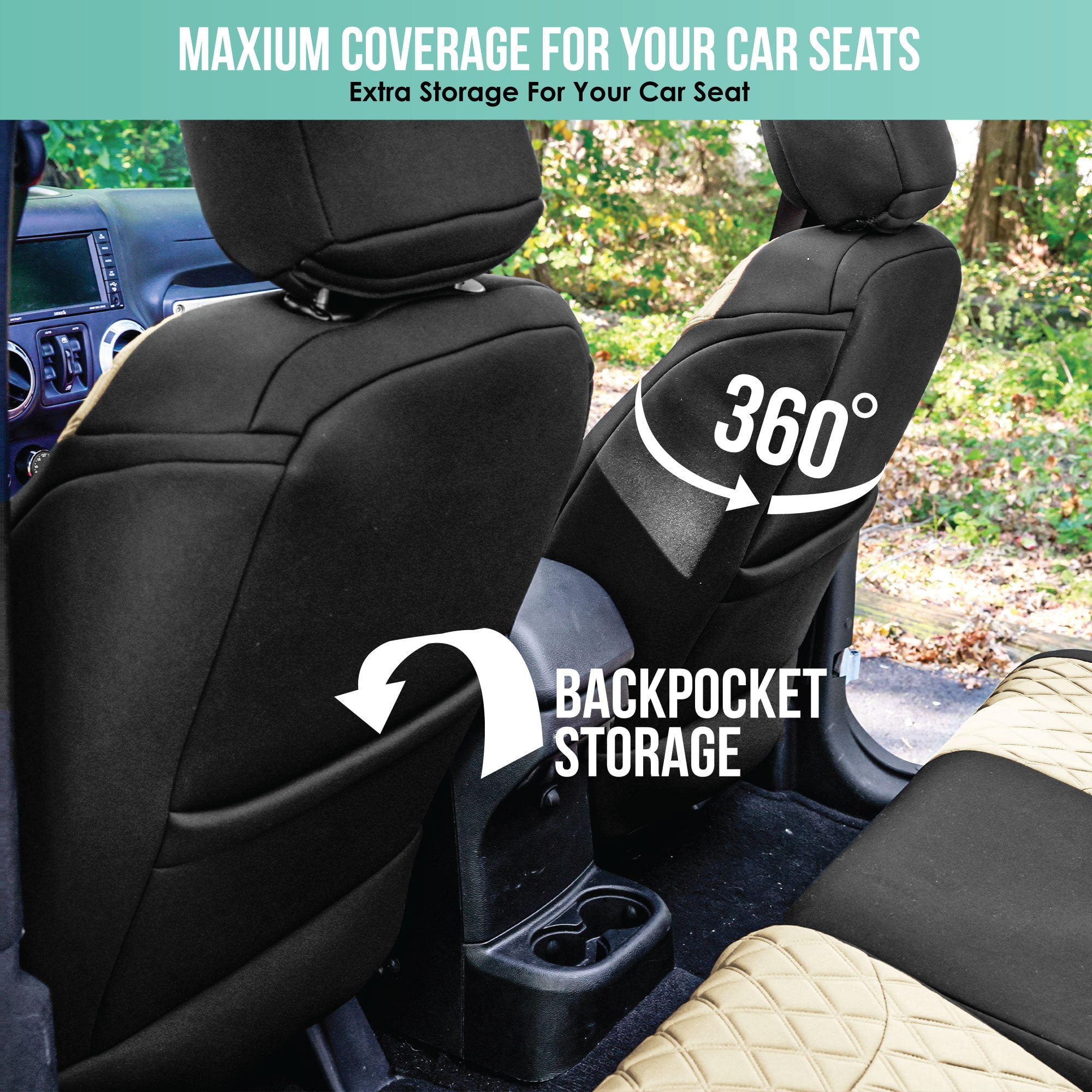 For 2007-2017 Jeep Wrangler JK 2DR FH Group Neoprene Waterproof Custom Fit Car Seat Covers Full Set - Beige