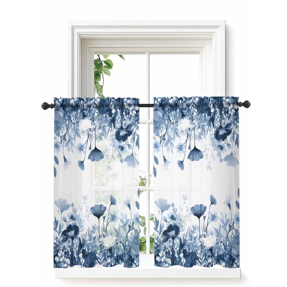 Navy Blue Flowers Tier Curtains 45 Inch Length, Sheer Curtains for Bedroom Living Room Window Summer Pastoral Botanical Rod Pocket Voile Drapes Kitchen Curtains Small Half Window 27.5"x45" 2 Panels