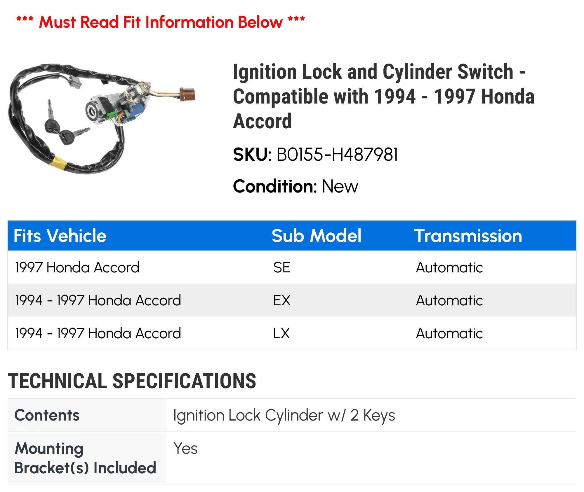 Ignition Lock and Cylinder Switch - Compatible with 1994 - 1997 Honda Accord 1995 1996
