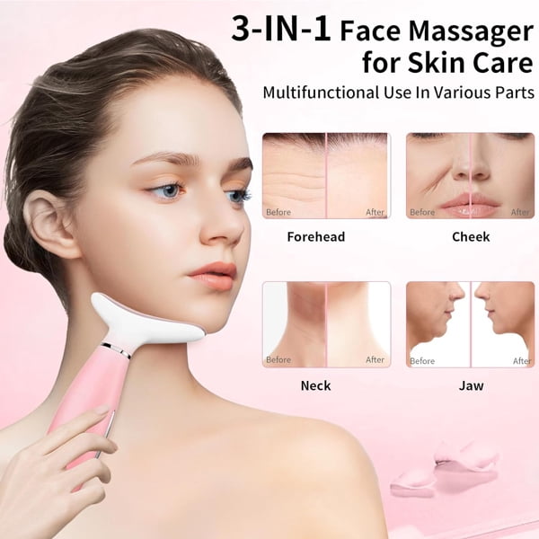 Neck Face Massager, Skin Care Face Massage Tool, 3-in-1 Facial Massager, Face Sculpting Tool with Thermals, Vibration (Pink)