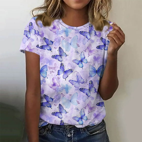 NTACZA Purple Tops for Women Short Sleeve Boho Summer Butterfly Prints Graphic Tees Womens Blouse L