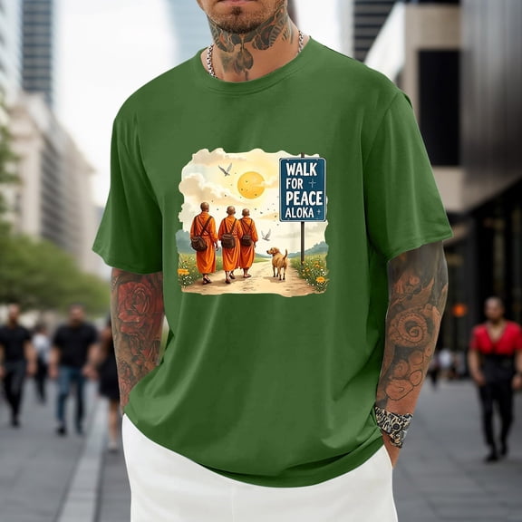 Wxolcjlv Mens T-Shirts Peace Walk Monk Graphic Printed Short Sleeve Tee Shirts Comfortable Stylish Summer Tee Tops