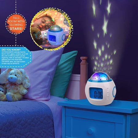 Kids Alarm Clock, Moon Stars Projector Alarm Clock, 7 Color Changing Temperature Detect Alarm Clock