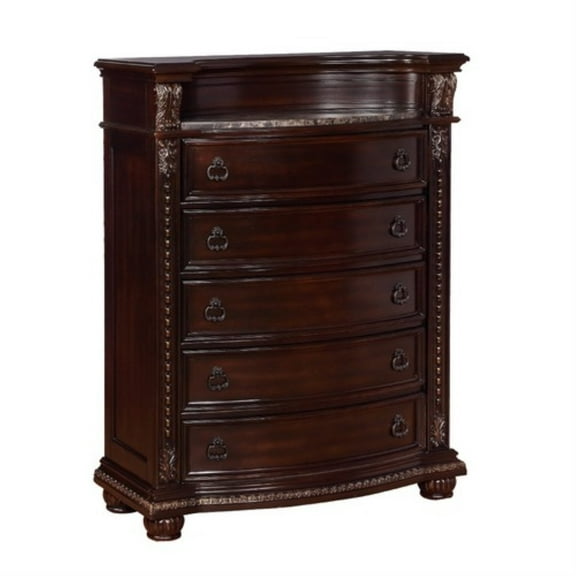 5 Drawers Wooden Chest with Engraved Details and Bun Feet, Cherry Brown