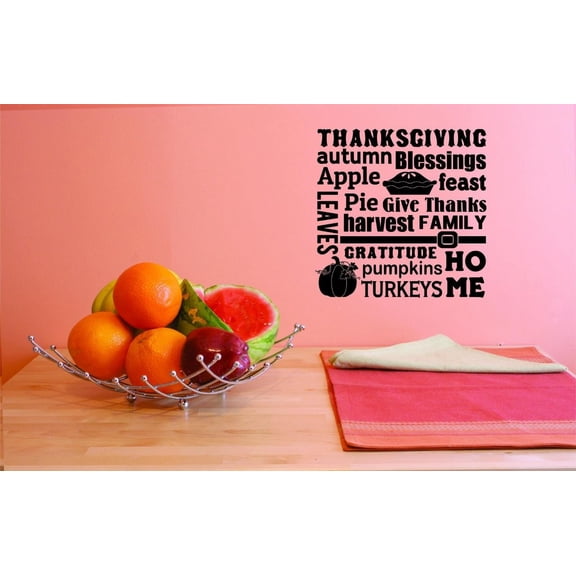 Custom Decals Thanksgiving Blessings Feast Pie Give Harvest Family Leaves Pumpkins Turkeys Home Wall Art Size: 18x18 Inches Color: Black