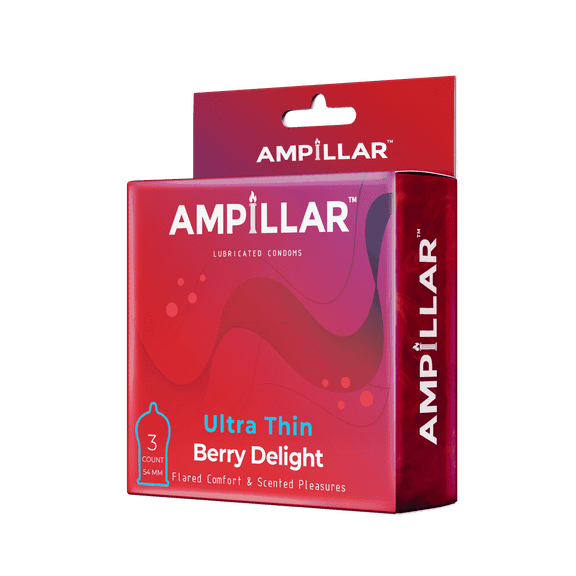 AMPILLAR Condoms ULTRA THIN BERRY DELIGHT, Natural Feel Berry Scented Flared Comfort High Quality Lubricated Condoms - 3 Count