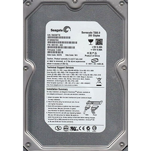 ST3200827AS, 5ND, WU, PN 9BD13E-303, FW 3.AAE, Seagate 200GB SATA 3.5 Hard Drive