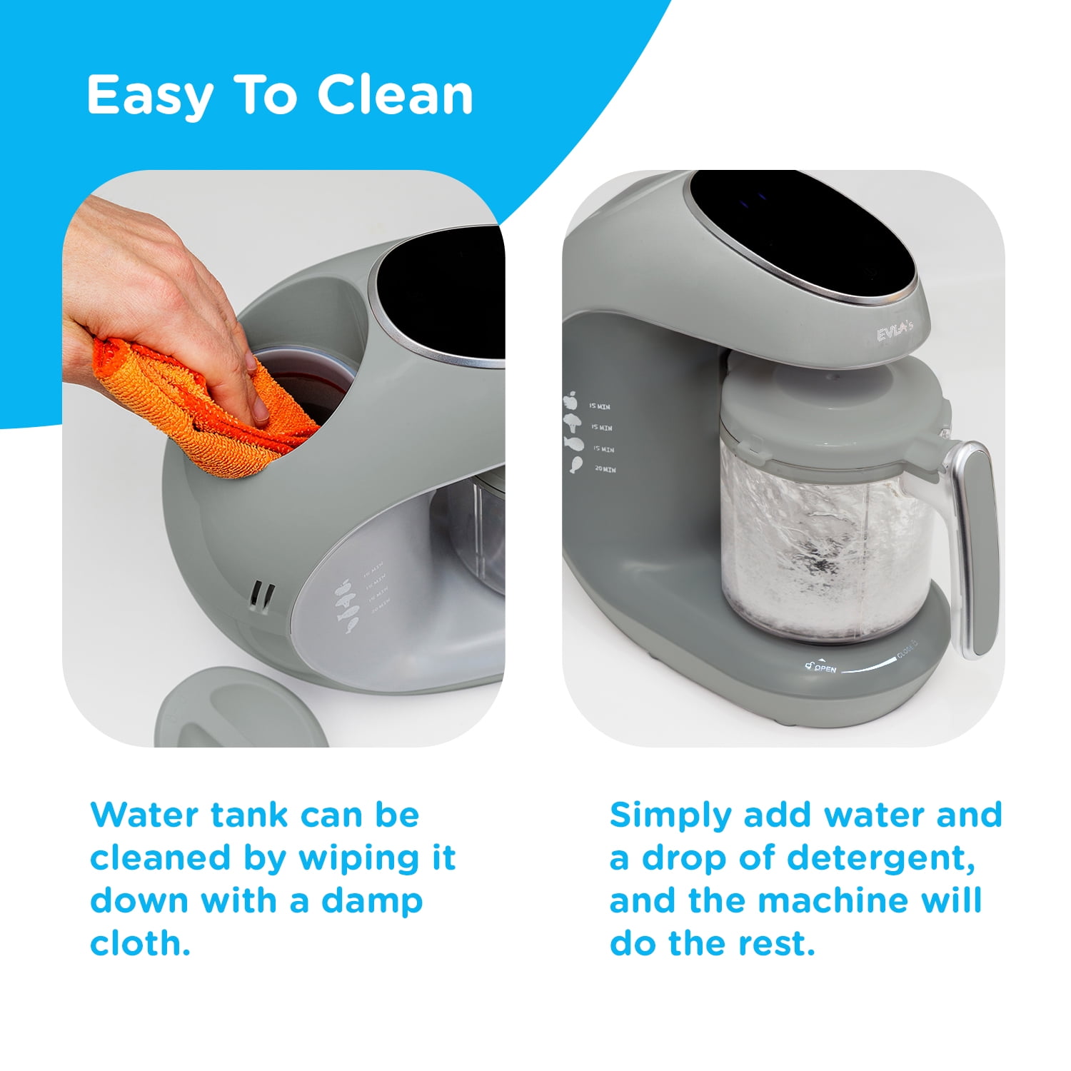 EVLA'S Baby Food Maker, Steamer, Blender, Baby Food Processor, Touch Screen, with 6 Reusable Food Pouches for Storage or Travel, Grey