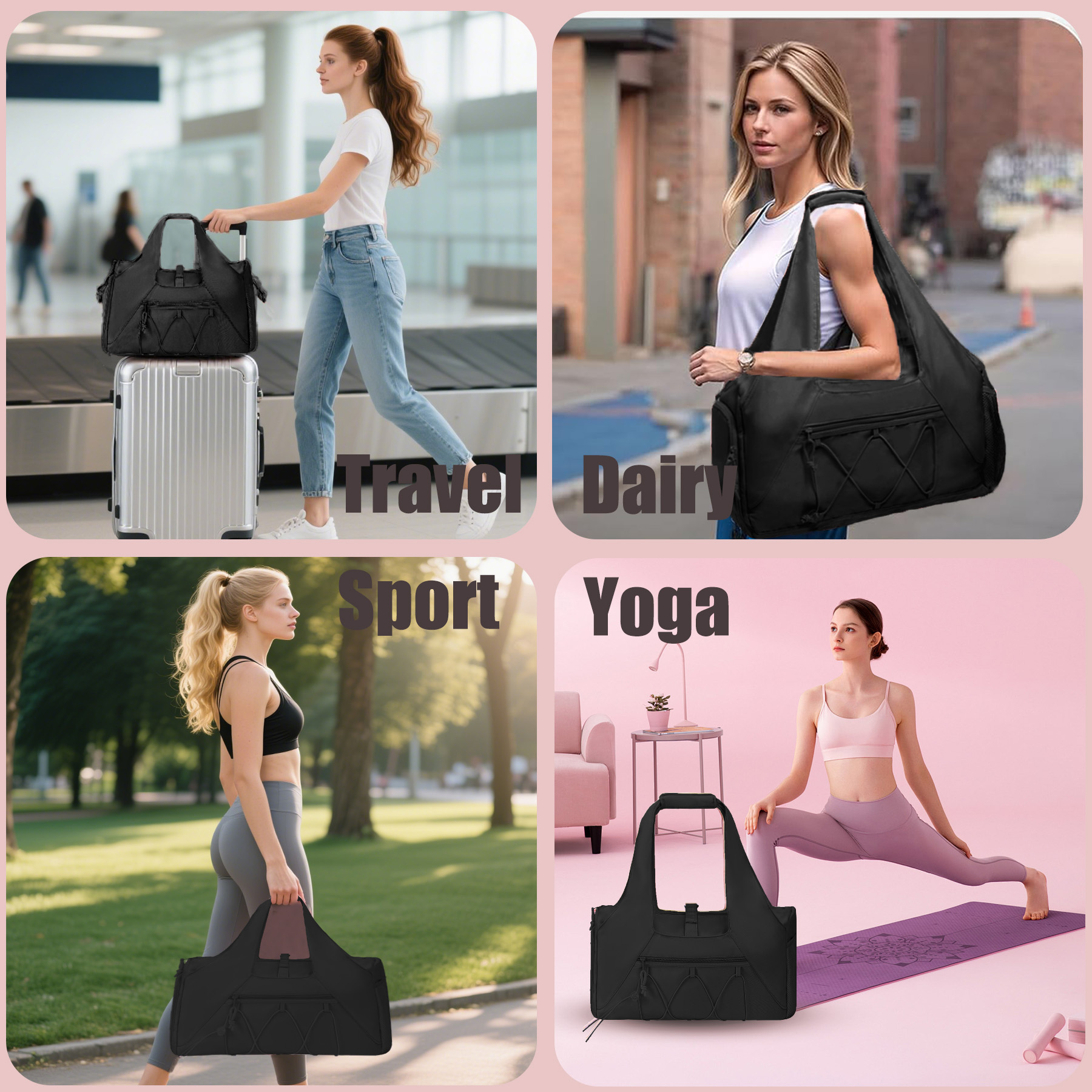 stillithou Waterproof Gym Bag Women Men, Foldable Sports Duffle Bag with Water Bottle Carrier Bag, Lightweight Travel Duffle Bag with Shoe Compartment for Gym, Yoga, Travel, Black
