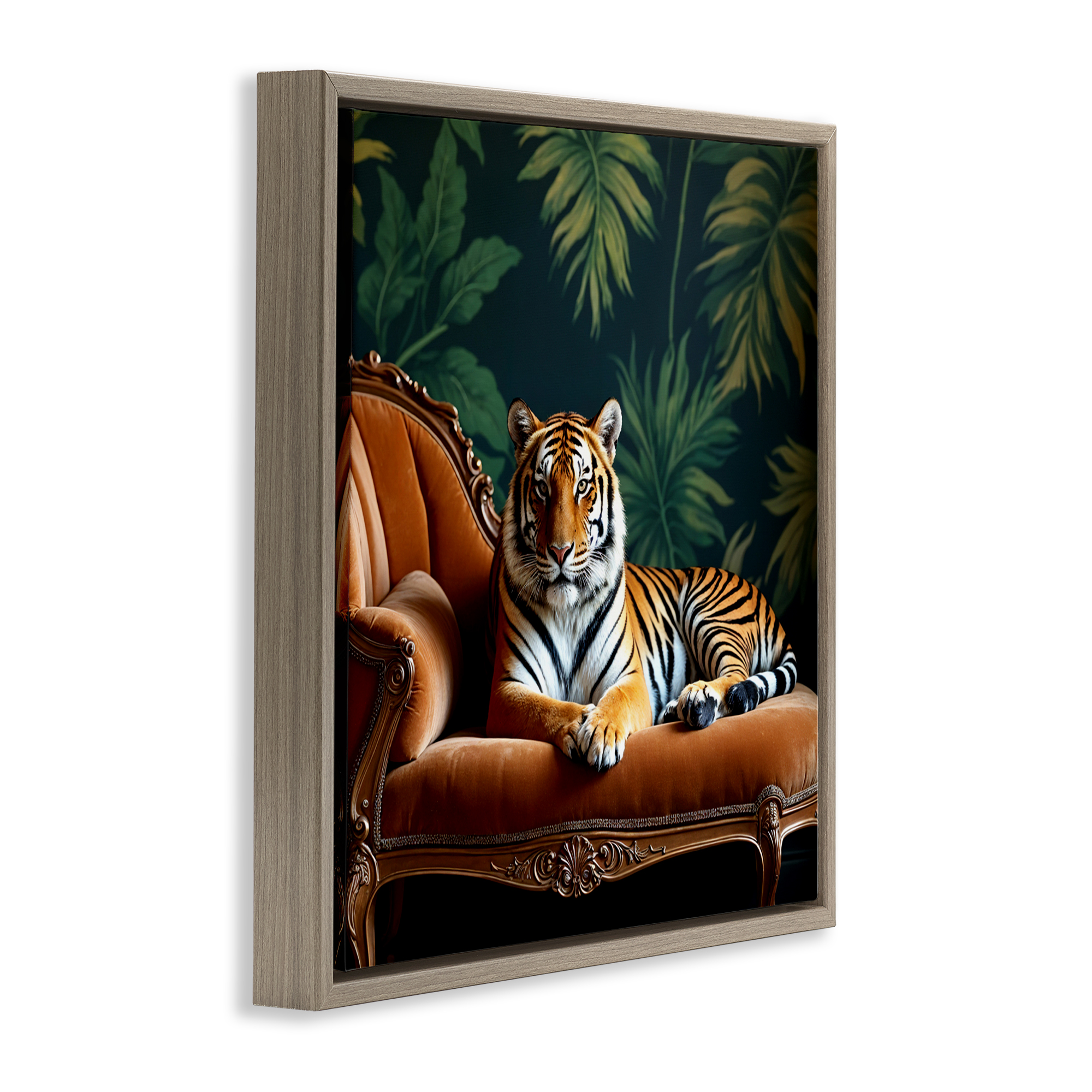 Tiger Lounging on Chaise Brown Framed Floater Canvas Wall Art, design by Lettered and Lined