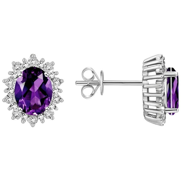 Rylos 14K White Gold Princess Diana Inspired Earrings - 8X6MM Oval Amethyst & Sparkling Diamonds -  Exquisite Birthstone Jewelry for Women