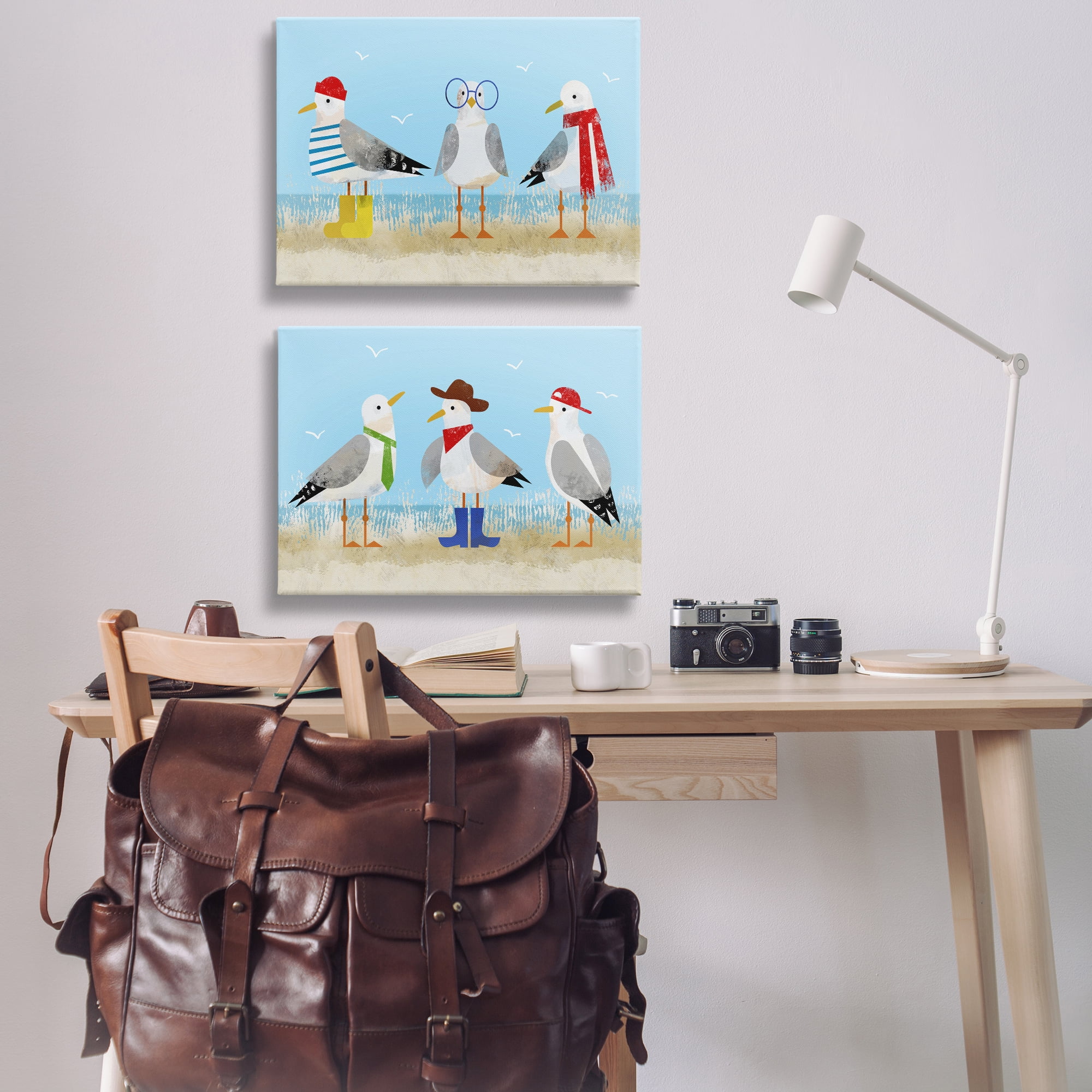 Stupell Industries Stylish Seagulls at Beach Animals Painting Wrapped Canvas Art Print Wall Art, 30 x 20, Set of 2