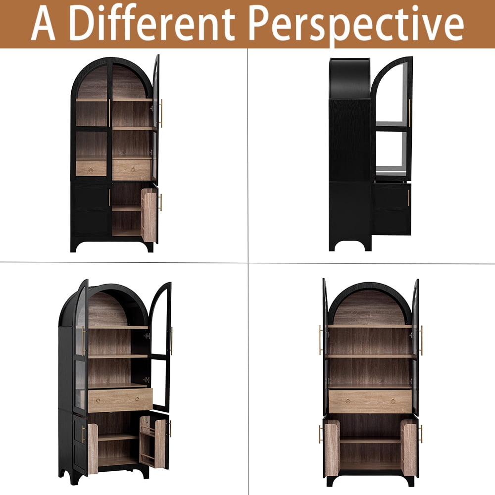 MIDOQIN 71" Tall Arched Kitchen Pantry Cabinet, Farmhouse Storage Cabinets with Adjustable Shelves, Hidden Drawer & Glass Door, Versatile Cupboard