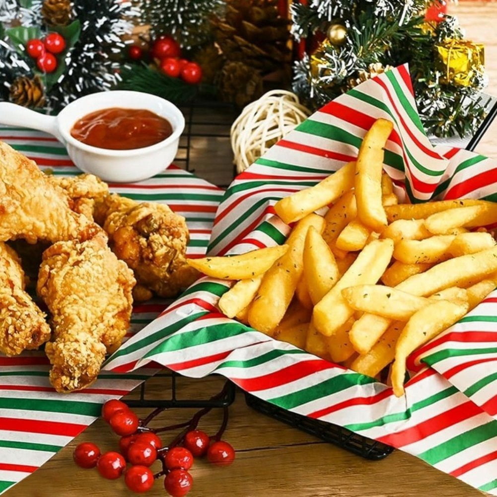 100Pcs Christmas Greaseproof Paper Sheets Sandwich Wrapping Paper, Greaseproof Wrap Paper Food Basket Liners for Outdoor Picnic, Churches, Home Party, Restaurants