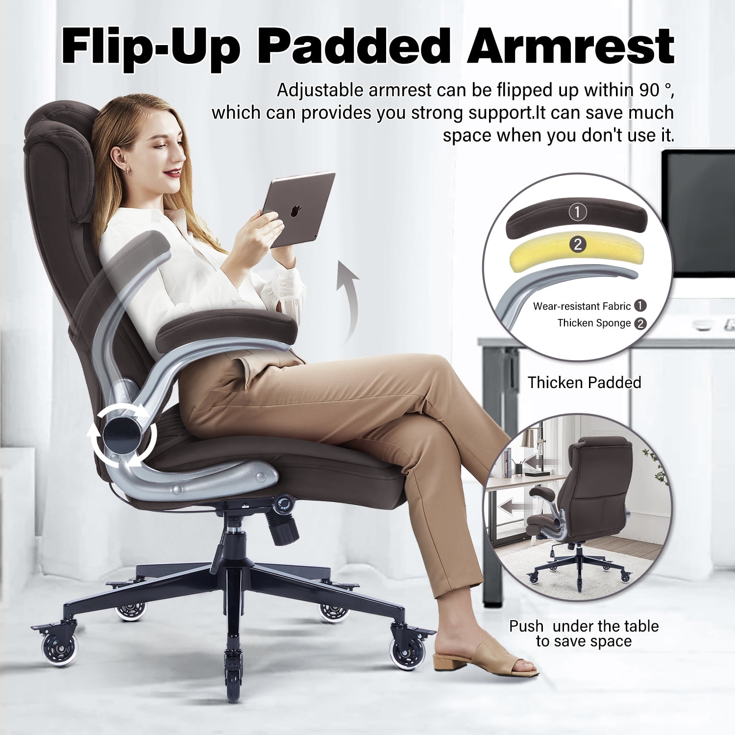 High Back Office Chair with Lockable Wheels, 400lbs Large Fabric Executive Desk Chair, Adjustable Lumbar Support Flip up Arms, Ergonomic Home Office Computer Chair with Storage Pocket, Brown