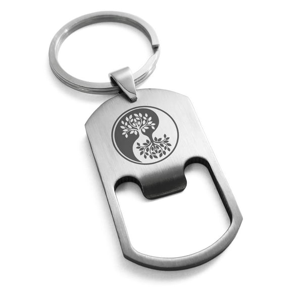 Stainless Steel Tree of Life Yin Yang Engraved Bottle Opener Dog Tag Keychain Keyring