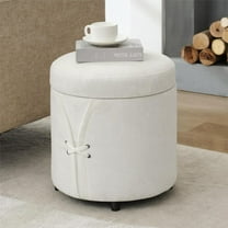16.5 inch Tufted Small Round Storage Ottoman, Modern Upholstered Ottoman with Soft Padded Seat, Chic Round Vanity Foot Stool with Removable Lid,White