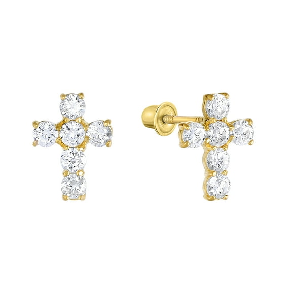 Tilo Jewelry 14K Yellow Gold Small Cross CZ Stud Post Earrings with Secure Screw-Backs | Everyday Dainty Small Earrings for Women & Unisex