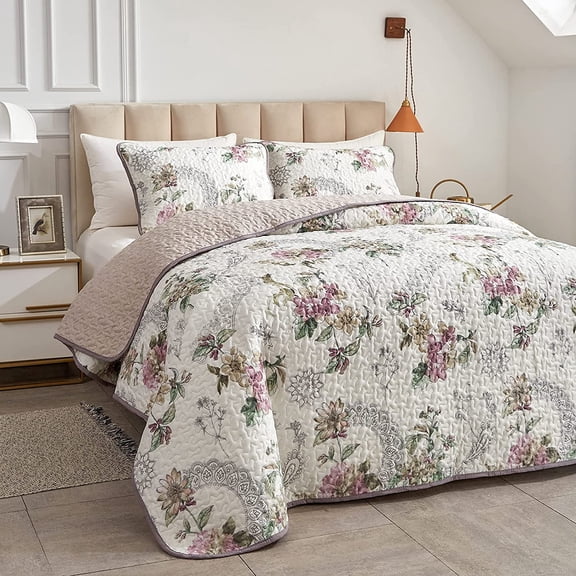 3 Pieces Quilt Set California King Size, Beige Floral Reversible Bedspread Coverlet Set, Soft Microfiber Lightweight Bed Cover for All Season