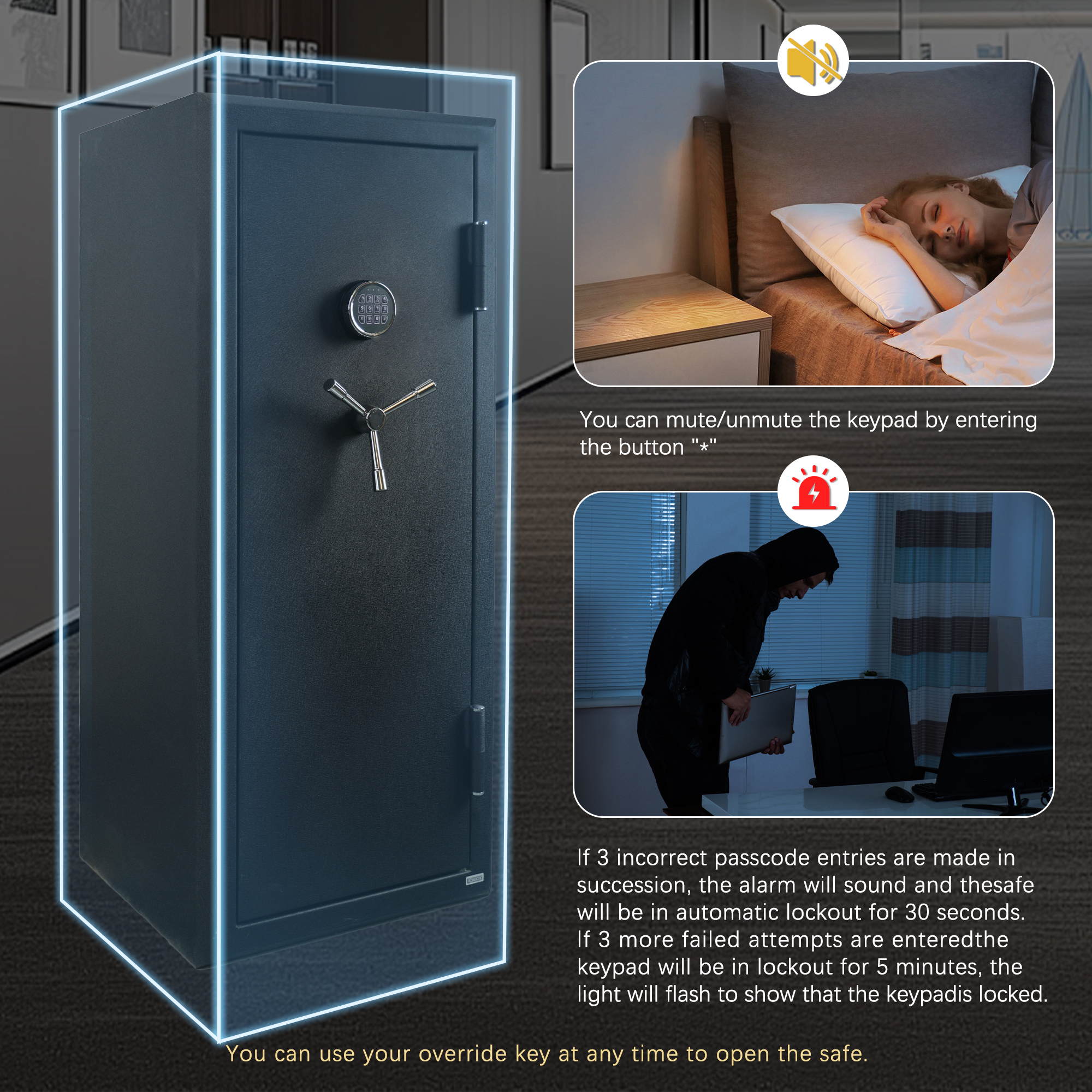 VALINIRT 24 Gun Fireproof Safe for Rifles and Pistols, Gun Cabinet with Keypad/Key Access, No-Assembly-Required Gun Safes with Combination Lock and Built-in Charging Ports