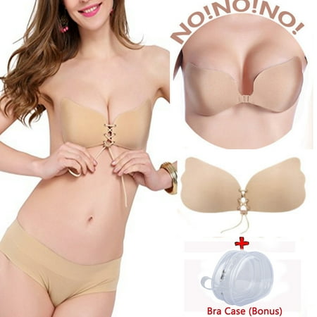 Women's Strapless Self Adhesive Push-up Bras,iClover Reusable Wing-shape Backless Silicone One-Piece Bra with Drawstring & Bra Case,Cup D