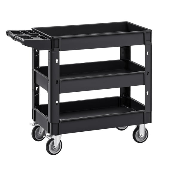 VEVOR Utility Service Cart, 550 LBS Laod Capacity, 3 Shelf Heavy Duty Plastic Rolling Utility Cart with 360° Swivel Wheels (2 with Brakes), Ergonomic Storage Handle for Warehouse/Garage/Cleaning