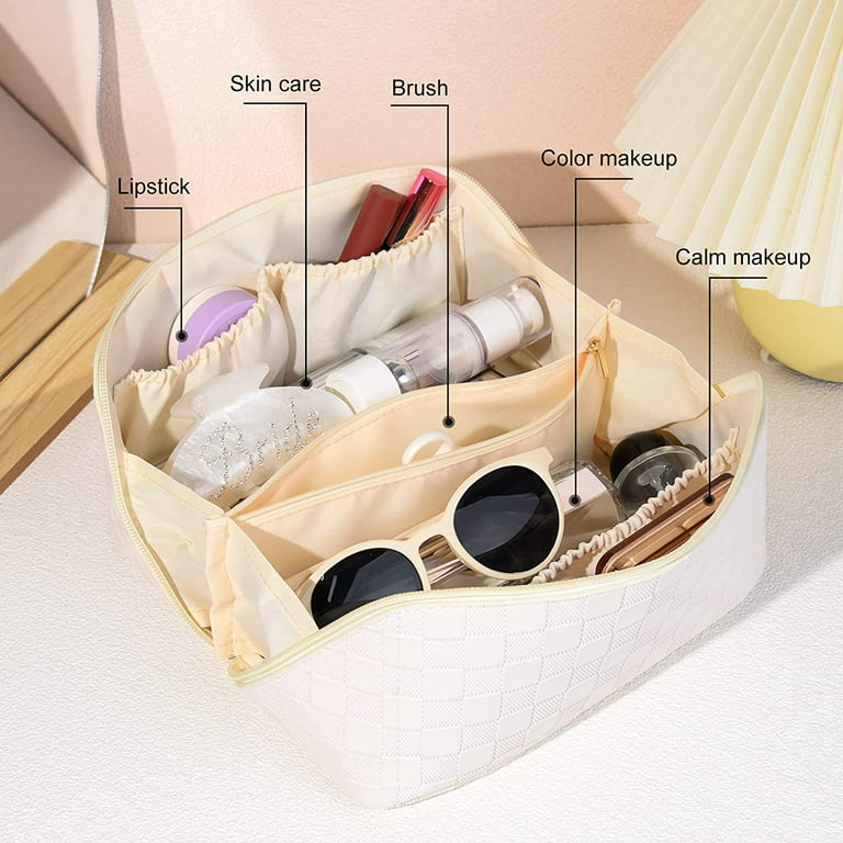 Travel Makeup Bag for Women Large Capacity Cosmetic Bag Waterproof White  Checkered Portable PU Leather Toiletry Bag Organizer Makeup Brushes Storage