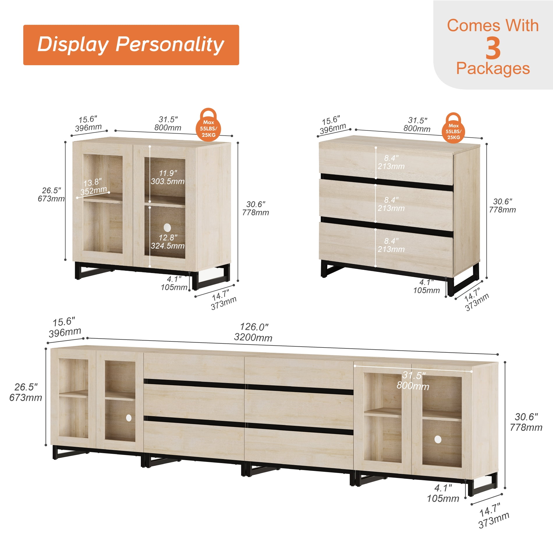 Multifunctional Coffee Bar Cabinet, 4-In-1 Storage Sideboard with Glass Doors, 6 Drawers and Adjustable Shelf, Sturdy Metal Base Buffet Cabinet for Kitchen Living Room,Beige