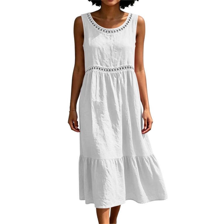 white crinkle cotton dress Yangnuo Women's Crew Neck Eyelet Trim Sleeveless Washed Crinkle Cotton  Linen Tiered Midi Dress Casual Daily Dress White M