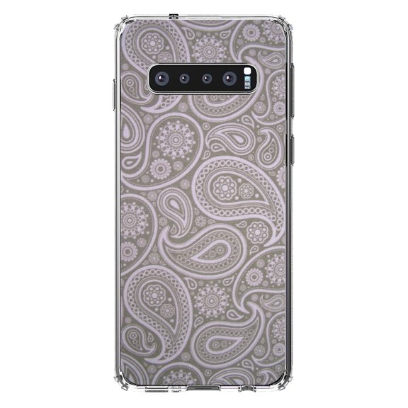 DistinctInk Clear Shockproof Hybrid Case for Samsung Galaxy S10  PLUS(6.4" Screen) - TPU Bumper, Acrylic Back, Tempered Glass Screen Protector - Grey Black Paisley