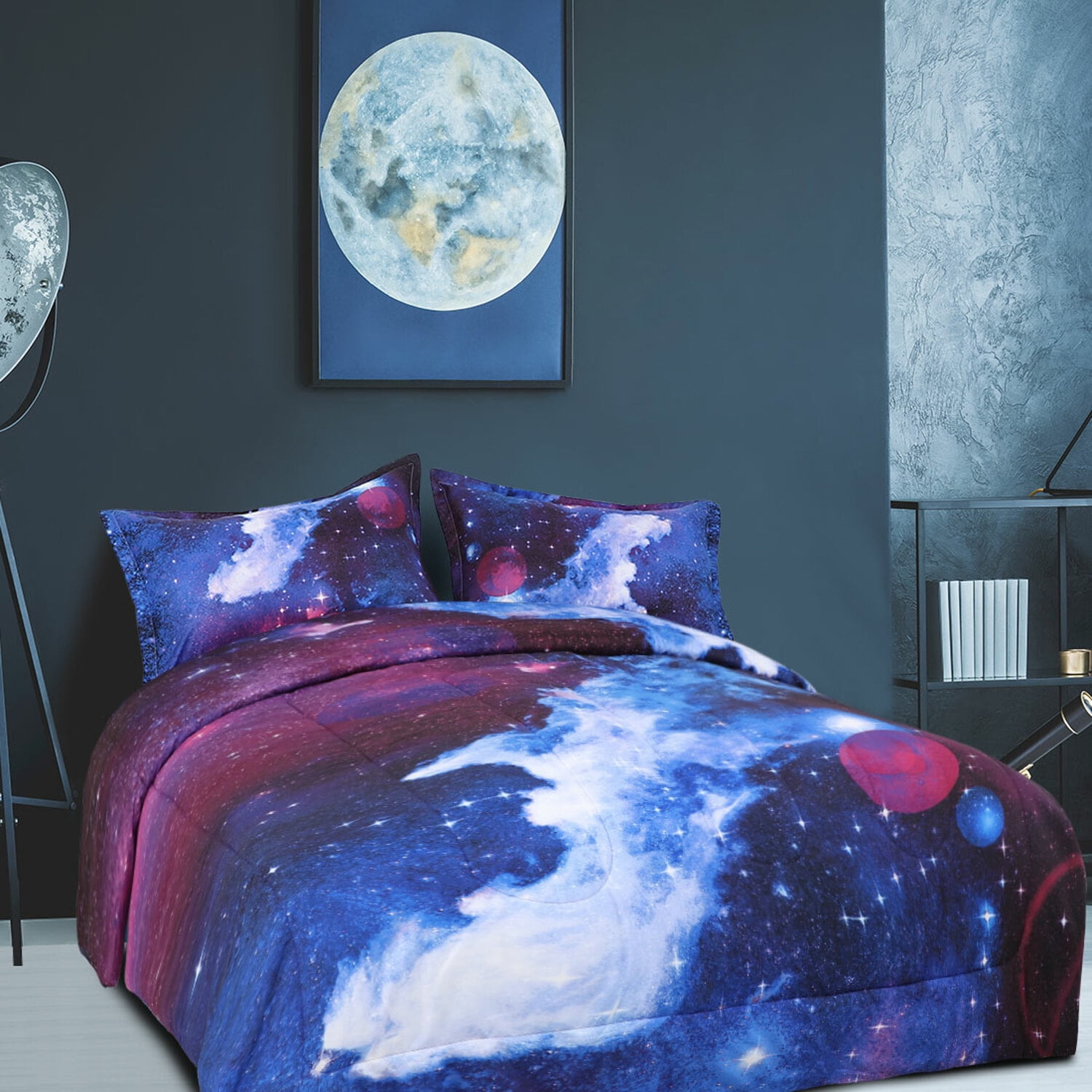 Unique Bargains Twin 3 Pcs Galaxy Pattern Dark Blue All-season Down Comforter Set