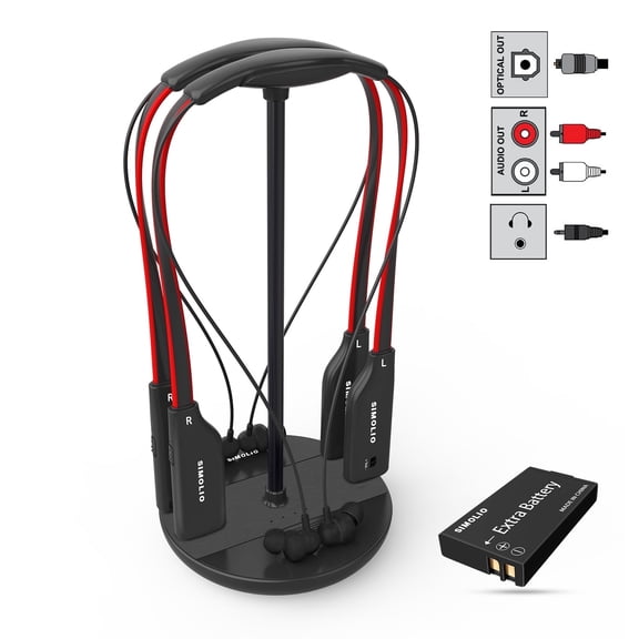 SIMOLIO Dual Wireless Headphones for TV Watching with Transmitter/Charging Stand 2-in-1, Spare Battery & Dialog Mode & Balance Control for Seniors, Optical/RCA/AUX Compatible, SM-828D2 (New)