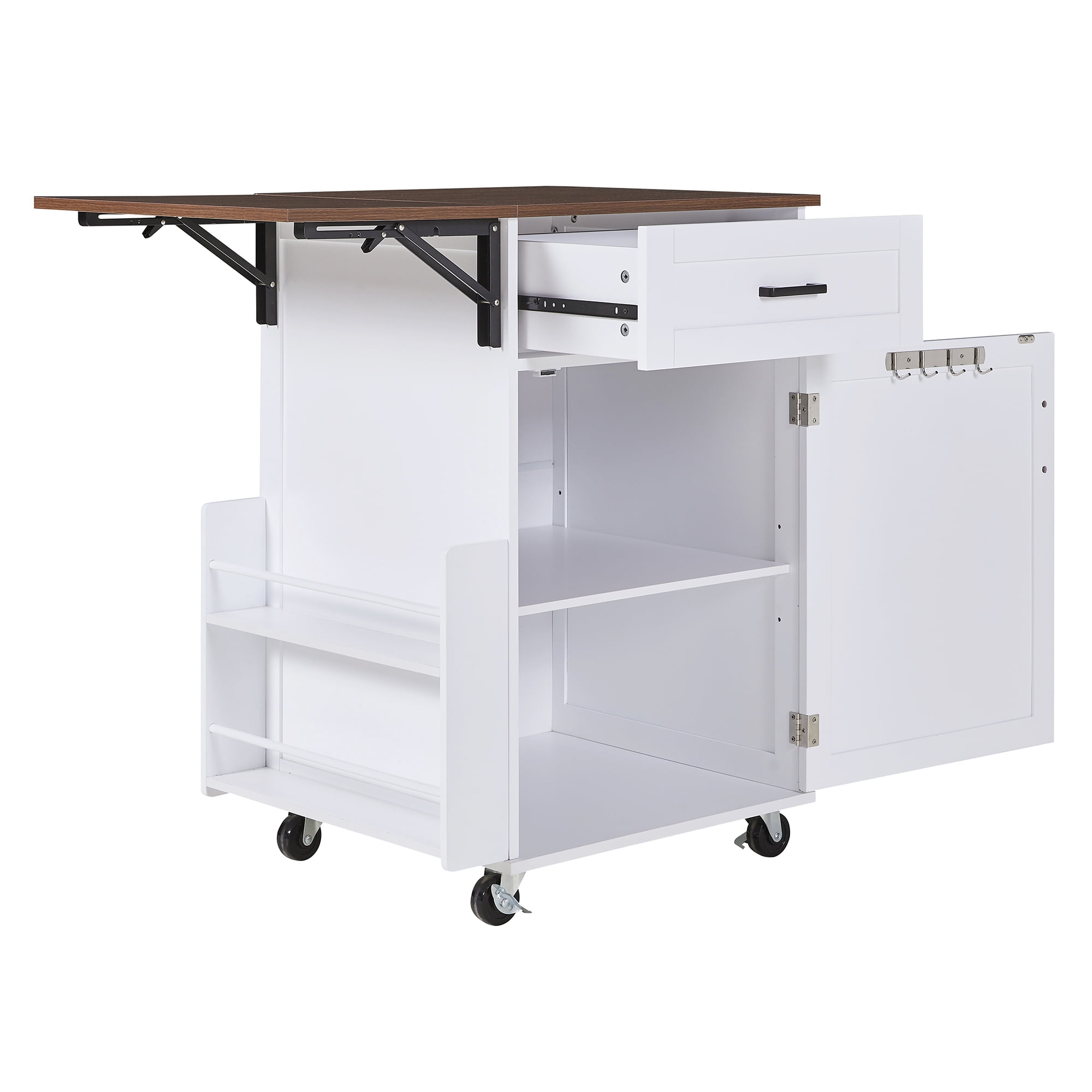 Alvantor Farmhouse Kitchen Island with Drop Leaf, 39.3" W Rolling Kitchen Cart with Side Rack for Dining Room White