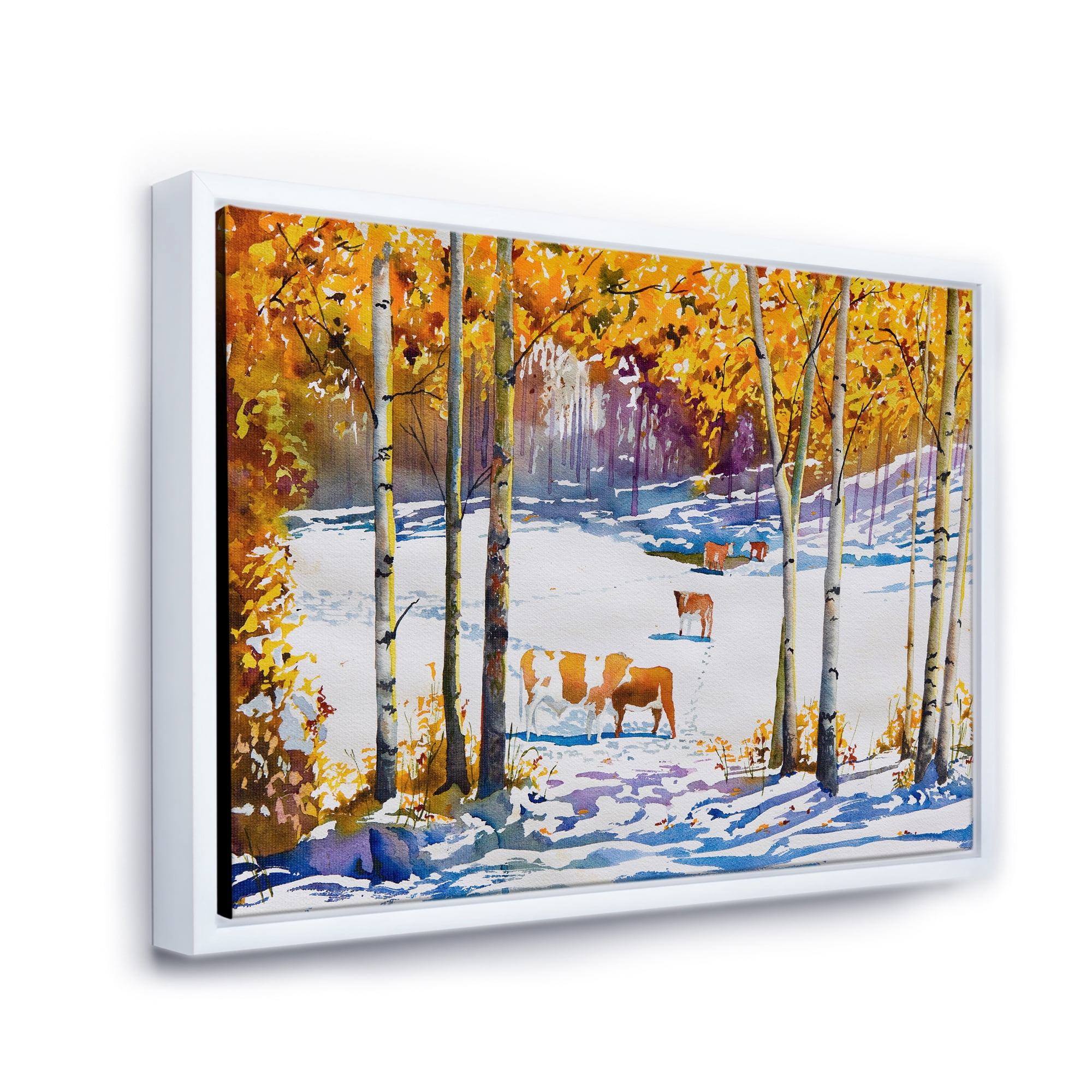 Designart 'Cattles In The Early Snow In The Tree Forest' Farmhouse Framed Canvas Wall Art Print