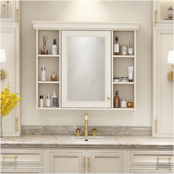 JERFIT Beige Cream Modern Bathroom Mirror Medicine Cabinet with Storage, Wall Mounted Organizer with Adjustable Shelves and Towel Bar