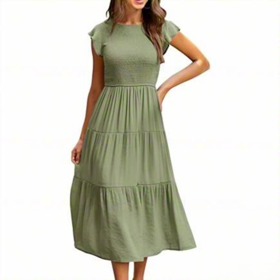 YUEVORA Summer Dresses for Women, Flutter Sleeve Tiered Maxi Dress, Casual Crew Neck Long Dress with Smocked Waist, Elegant Flowy Vacation Outfit and Comfortable Daily Wear.