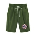 thumbnail image 3 of WIZUTIZ Womens Long Shorts Relaxed Wide Leg Sports Loose Shorts Mid Rise Sunflowers Print Shorts Knee-Length with Pockets Rolled Hem Drawstring Trousers for Lady Fitness Outdoor Green Linen, 3 of 3