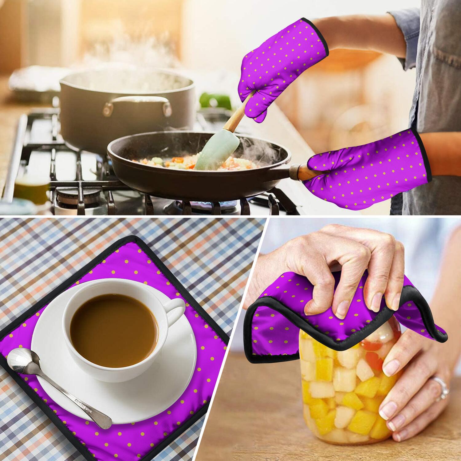 Oven Mitts and Pot Holders Set Of 4, Heat Resistant Kitchen Gloves with Non-Slip Grip, Hanging Loop, Soft Cotton Lining for Baking, Cooking, Grilling, Barbecue